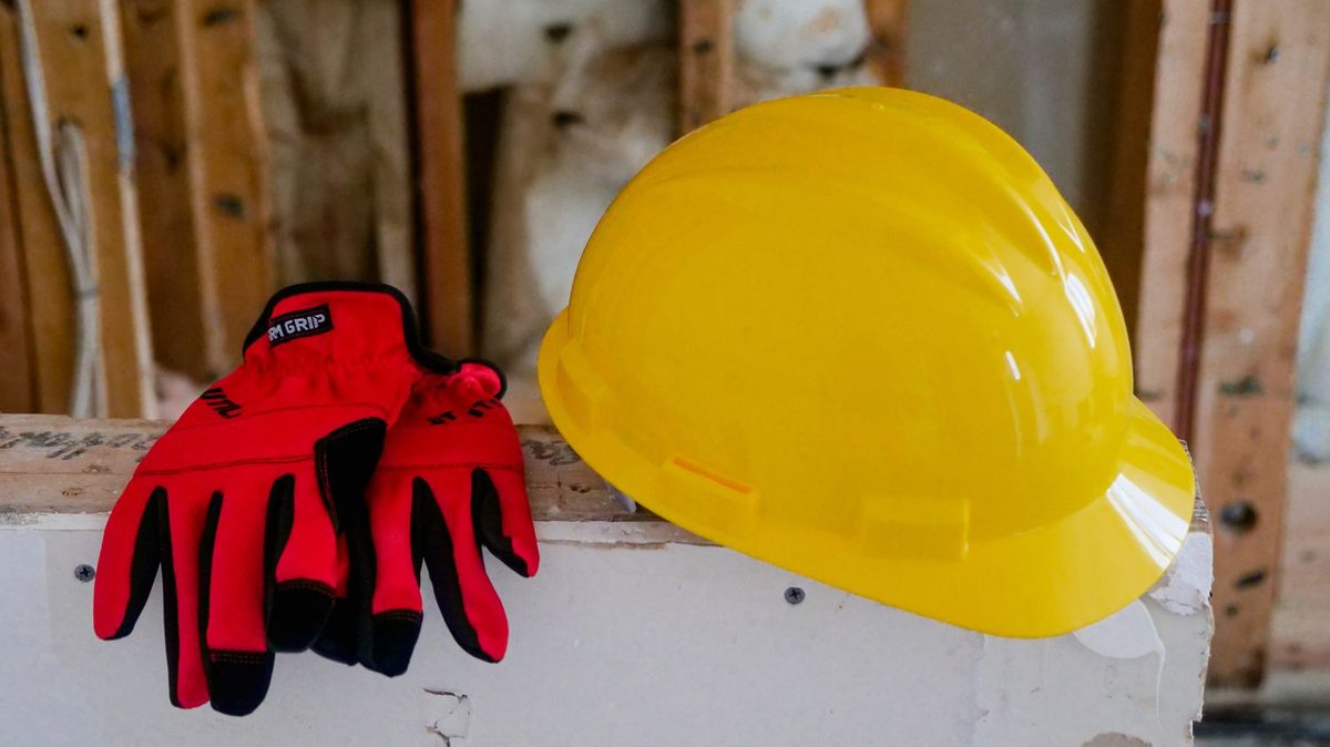 Industrial safety helmet and protective work gloves